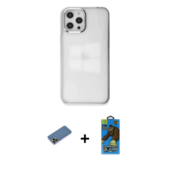 MARSİLYAN™- iPhone 12 Pro Max Kılıf Doruk Doku Prime - Siyah 18D Cam Ekran Koruyucu + Shine Kamera Lens Koruma Cam - GD