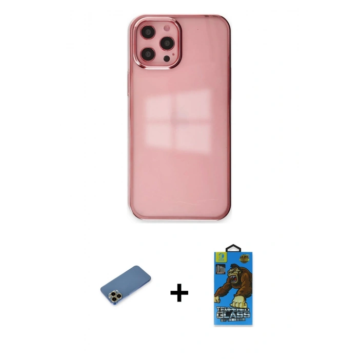 MARSİLYAN™- iPhone 12 Pro Max Kılıf Doruk Doku Prime - Siyah 18D Cam Ekran Koruyucu + Shine Kamera Lens Koruma Cam - GD