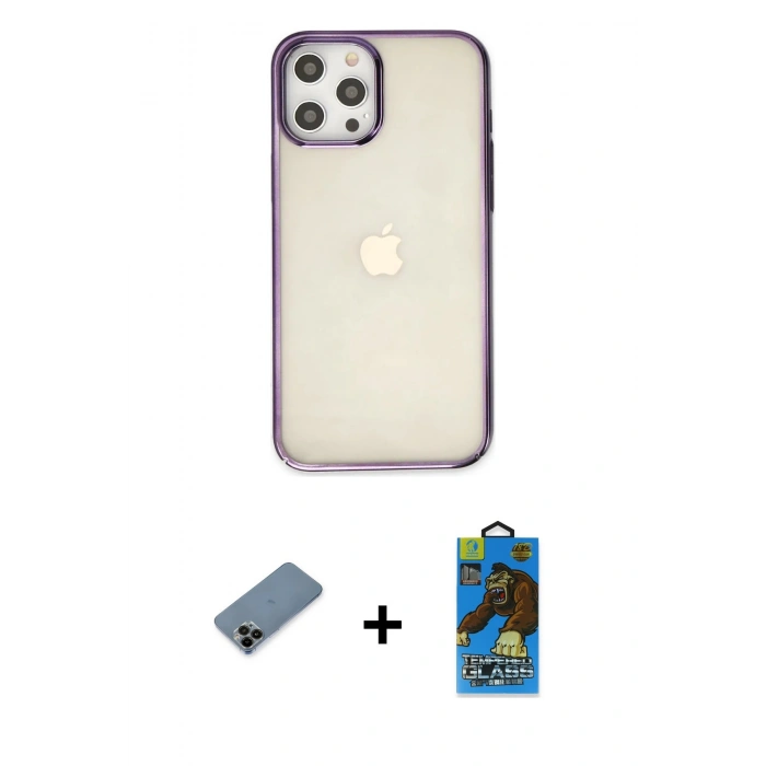 MARSİLYAN™- iPhone 12 Pro Max Kılıf Doruk Doku Prime - Siyah 18D Cam Ekran Koruyucu + Shine Kamera Lens Koruma Cam - SH