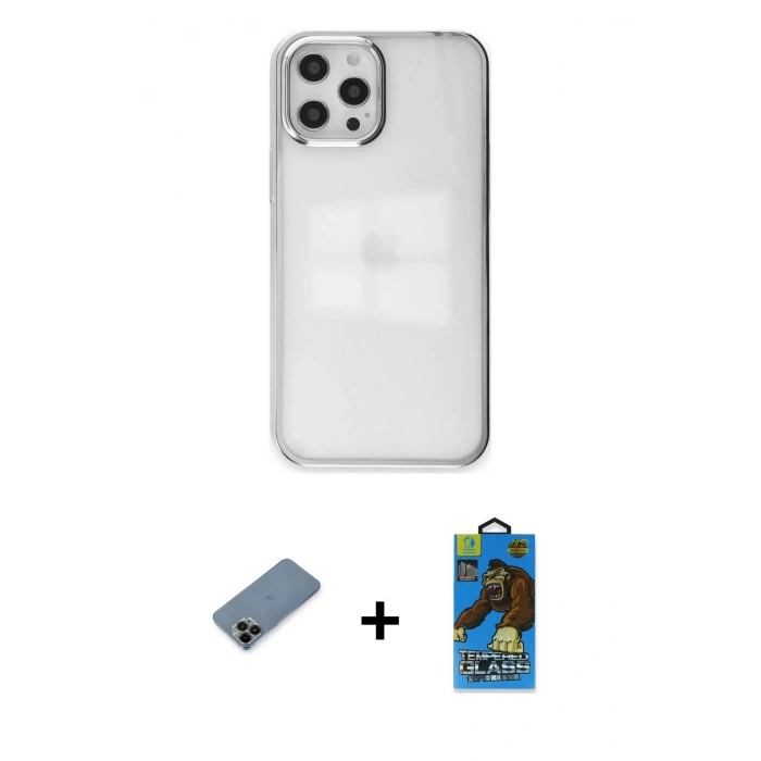 MARSİLYAN™- iPhone 12 Pro Max Kılıf Doruk Doku Prime - Siyah 18D Cam Ekran Koruyucu + Shine Kamera Lens Koruma Cam - SH