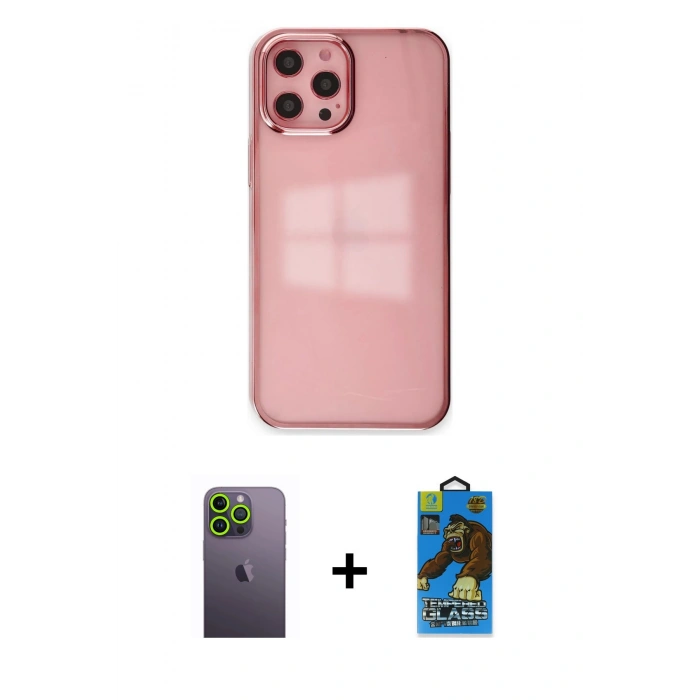 MARSİLYAN™- iPhone 12 Pro Max Kılıf Doruk Doku Prime - Siyah 18D Cam Ekran Koruyucu + Neon Fosforlu Kamera Lens - YL