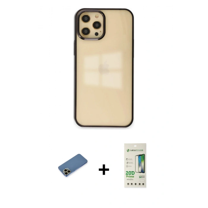MARSİLYAN™- iPhone 12 Pro Max Kılıf Doruk Doku Prime - Siyah 20D Premium Cam Ekran Koruyucu + Shine Kamera Lens Koruma Cam - GD