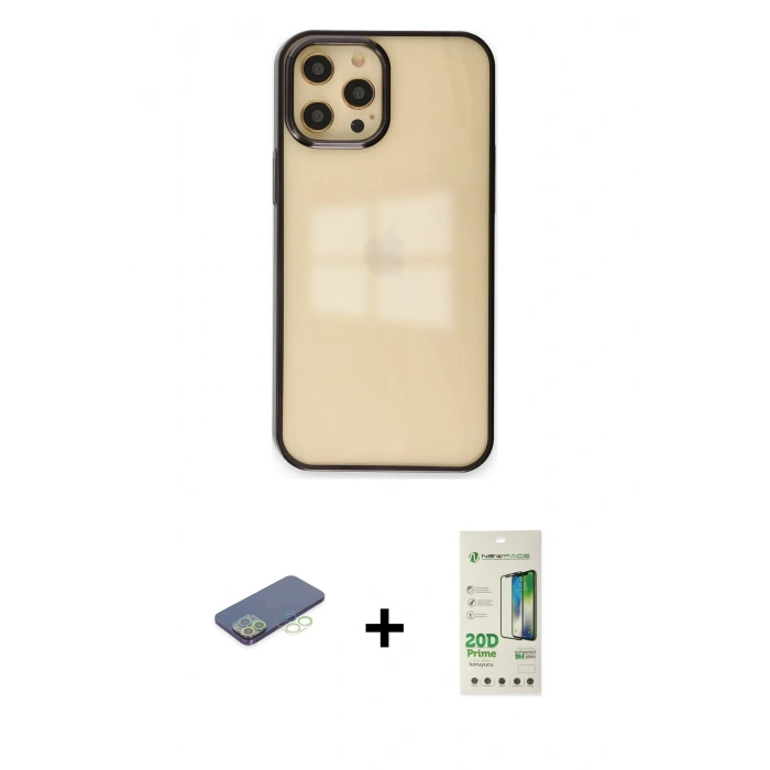 MARSİLYAN™- iPhone 12 Pro Max Kılıf Doruk Doku Prime - Siyah 20D Premium Cam Ekran Koruyucu + Renkli Kamera Lens Koruma Cam - YL