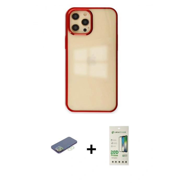 MARSİLYAN™- iPhone 12 Pro Max Kılıf Doruk Doku Prime - Siyah 20D Premium Cam Ekran Koruyucu + Renkli Kamera Lens Koruma Cam - YL