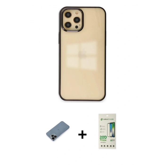 MARSİLYAN™- iPhone 12 Pro Max Kılıf Doruk Doku Prime - Siyah 20D Premium Cam Ekran Koruyucu + Shine Kamera Lens Koruma Cam - SH