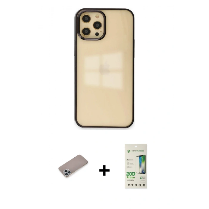 MARSİLYAN™- iPhone 12 Pro Max Kılıf Doruk Doku Prime - Siyah 20D Premium Cam Ekran Koruyucu + Shine Kamera Lens Koruma Cam - SABE