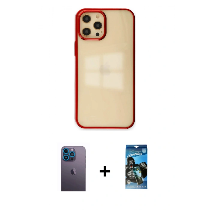 MARSİLYAN™- iPhone 12 Pro Max Kılıf Doruk Doku Prime - Siyah 34D Izgaralı Cam + Neon Fosforlu Kamera Lens - MI