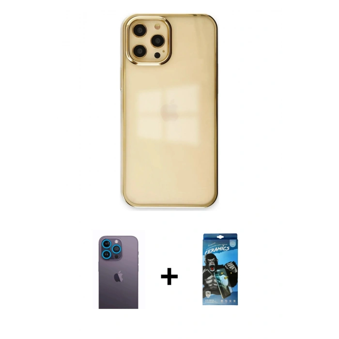 MARSİLYAN™- iPhone 12 Pro Max Kılıf Doruk Doku Prime - Siyah 34D Izgaralı Cam + Neon Fosforlu Kamera Lens - MI