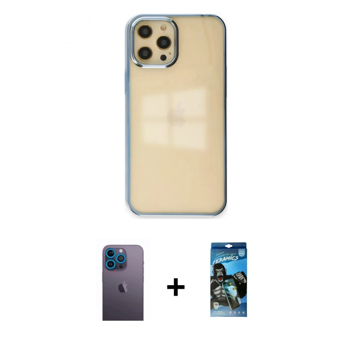 MARSİLYAN™- iPhone 12 Pro Max Kılıf Doruk Doku Prime - Siyah 34D Izgaralı Cam + Neon Fosforlu Kamera Lens - MI