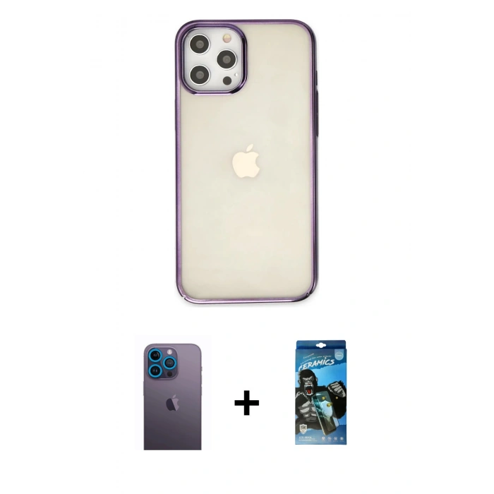 MARSİLYAN™- iPhone 12 Pro Max Kılıf Doruk Doku Prime - Siyah 34D Izgaralı Cam + Neon Fosforlu Kamera Lens - MI