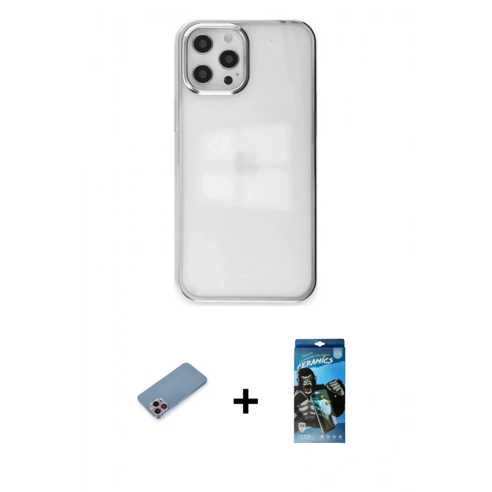 MARSİLYAN™- iPhone 12 Pro Max Kılıf Doruk Doku Prime - Siyah 34D Izgaralı Cam + Shine Kamera Lens Koruma Cam - PE