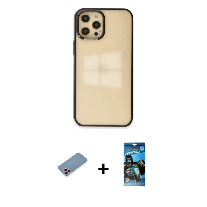 MARSİLYAN™- iPhone 12 Pro Max Kılıf Doruk Doku Prime - Siyah 34D Izgaralı Cam + Shine Kamera Lens Koruma Cam - PE