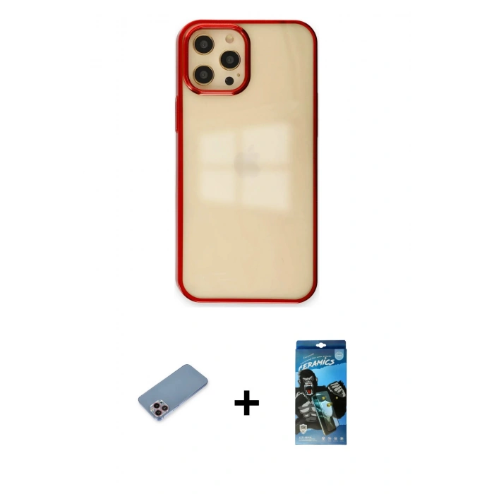 MARSİLYAN™- iPhone 12 Pro Max Kılıf Doruk Doku Prime - Siyah 34D Izgaralı Cam + Shine Kamera Lens Koruma Cam - PE