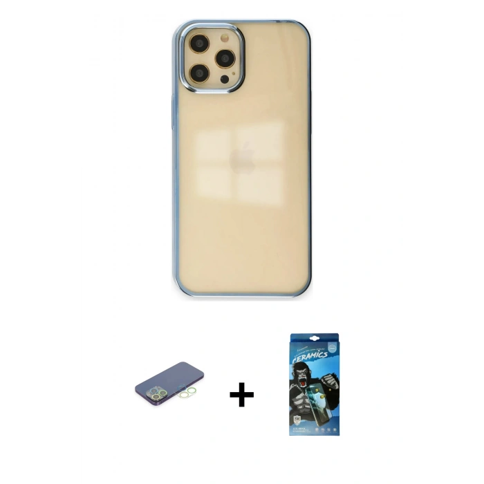 MARSİLYAN™- iPhone 12 Pro Max Kılıf Doruk Doku Prime - Siyah 34D Izgaralı Cam + Renkli Kamera Lens Koruma Cam - YL