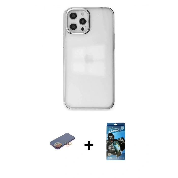 MARSİLYAN™- iPhone 12 Pro Max Kılıf Doruk Doku Prime - Siyah 34D Izgaralı Cam + Renkli Kamera Lens Koruma Cam - TU