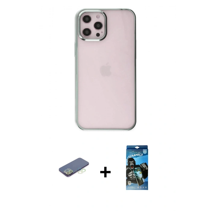 MARSİLYAN™- iPhone 12 Pro Max Kılıf Doruk Doku Prime - Siyah 34D Izgaralı Cam + Renkli Kamera Lens Koruma Cam - YL