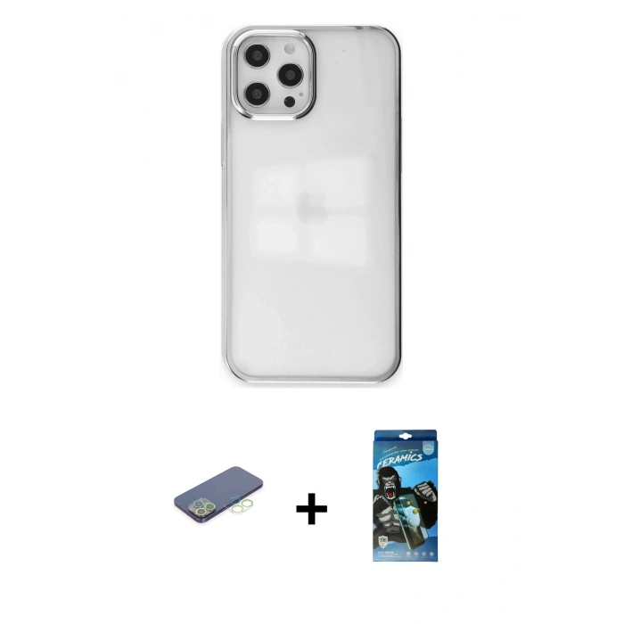 MARSİLYAN™- iPhone 12 Pro Max Kılıf Doruk Doku Prime - Siyah 34D Izgaralı Cam + Renkli Kamera Lens Koruma Cam - YL