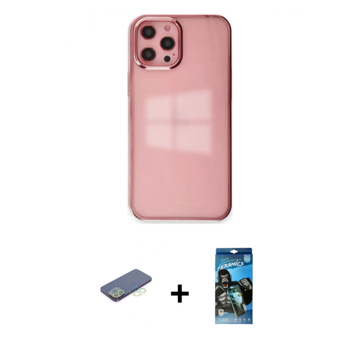 MARSİLYAN™- iPhone 12 Pro Max Kılıf Doruk Doku Prime - Siyah 34D Izgaralı Cam + Renkli Kamera Lens Koruma Cam - YL