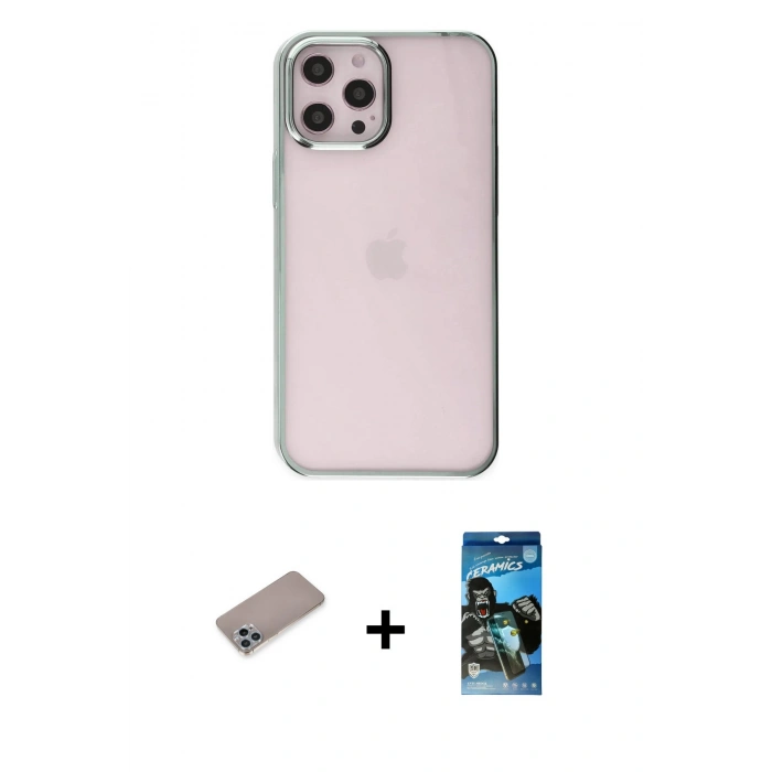 MARSİLYAN™- iPhone 12 Pro Max Kılıf Doruk Doku Prime - Siyah 34D Izgaralı Cam + Shine Kamera Lens Koruma Cam - SABE