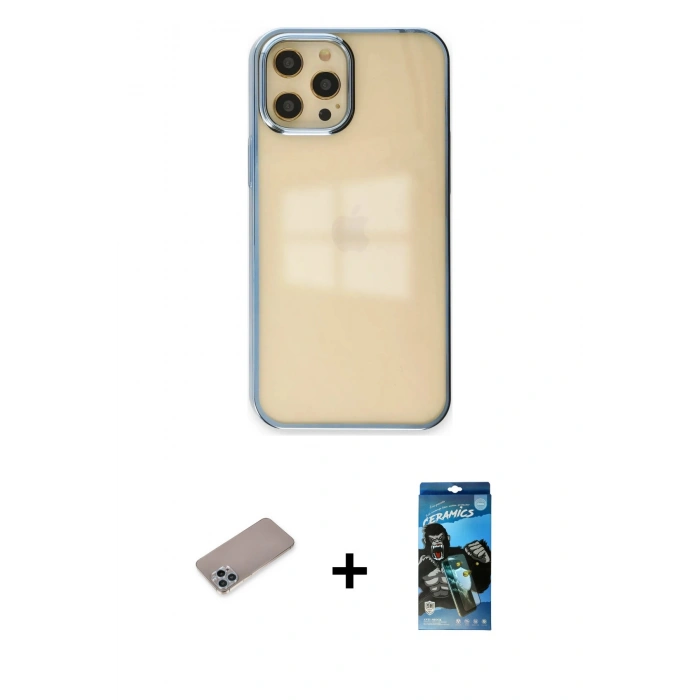 MARSİLYAN™- iPhone 12 Pro Max Kılıf Doruk Doku Prime - Siyah 34D Izgaralı Cam + Shine Kamera Lens Koruma Cam - SABE