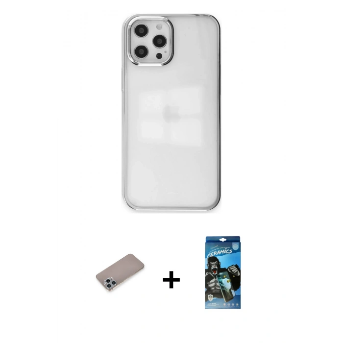 MARSİLYAN™- iPhone 12 Pro Max Kılıf Doruk Doku Prime - Siyah 34D Izgaralı Cam + Shine Kamera Lens Koruma Cam - SABE