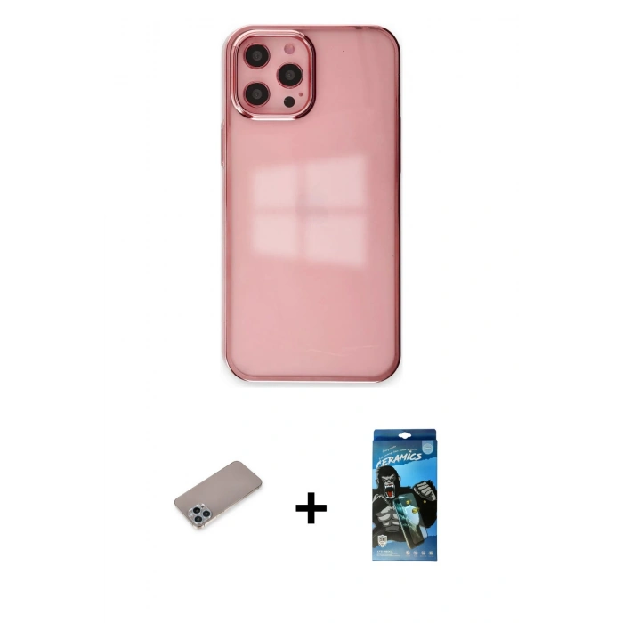 MARSİLYAN™- iPhone 12 Pro Max Kılıf Doruk Doku Prime - Siyah 34D Izgaralı Cam + Shine Kamera Lens Koruma Cam - SABE