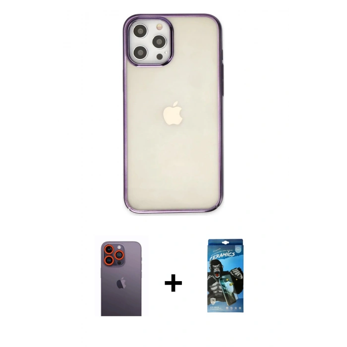 MARSİLYAN™- iPhone 12 Pro Max Kılıf Doruk Doku Prime - Siyah 34D Izgaralı Cam + Neon Fosforlu Kamera Lens - TU