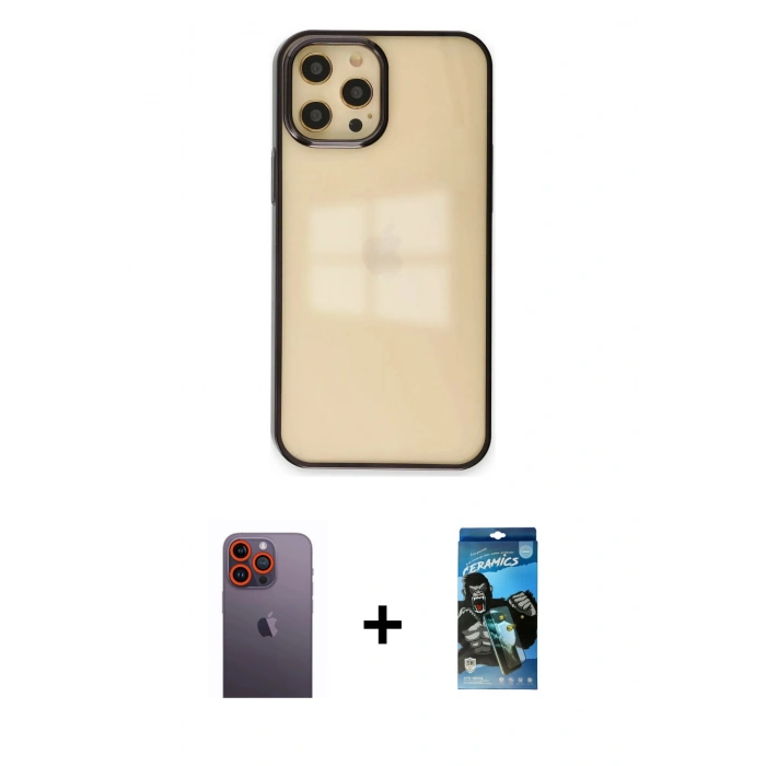MARSİLYAN™- iPhone 12 Pro Max Kılıf Doruk Doku Prime - Siyah 34D Izgaralı Cam + Neon Fosforlu Kamera Lens - TU