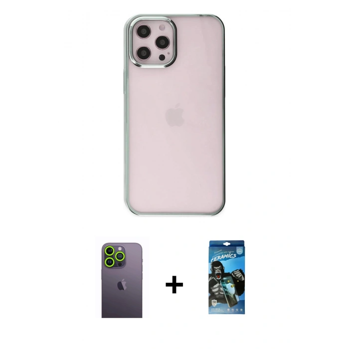MARSİLYAN™- iPhone 12 Pro Max Kılıf Doruk Doku Prime - Siyah 34D Izgaralı Cam + Neon Fosforlu Kamera Lens - YL