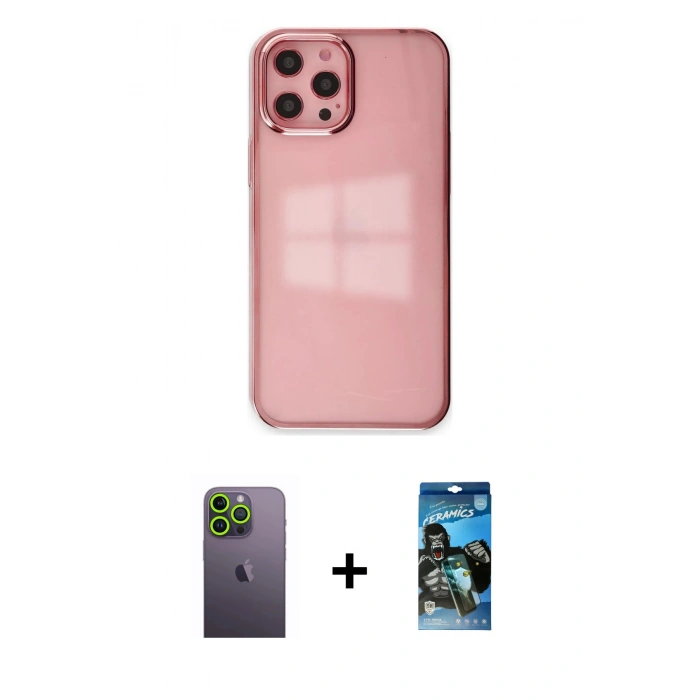 MARSİLYAN™- iPhone 12 Pro Max Kılıf Doruk Doku Prime - Siyah 34D Izgaralı Cam + Neon Fosforlu Kamera Lens - YL