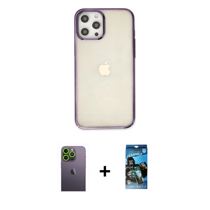 MARSİLYAN™- iPhone 12 Pro Max Kılıf Doruk Doku Prime - Siyah 34D Izgaralı Cam + Neon Fosforlu Kamera Lens - YL