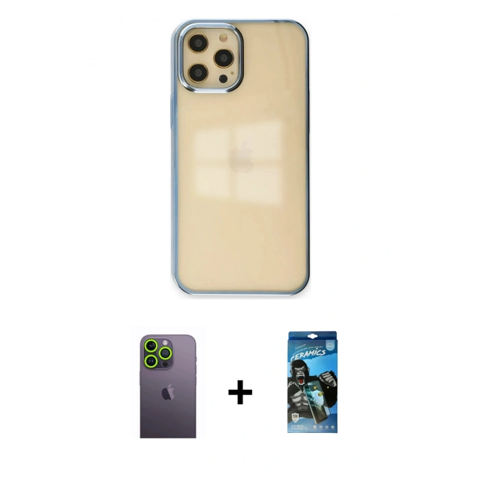 MARSİLYAN™- iPhone 12 Pro Max Kılıf Doruk Doku Prime - Siyah 34D Izgaralı Cam + Neon Fosforlu Kamera Lens - YL