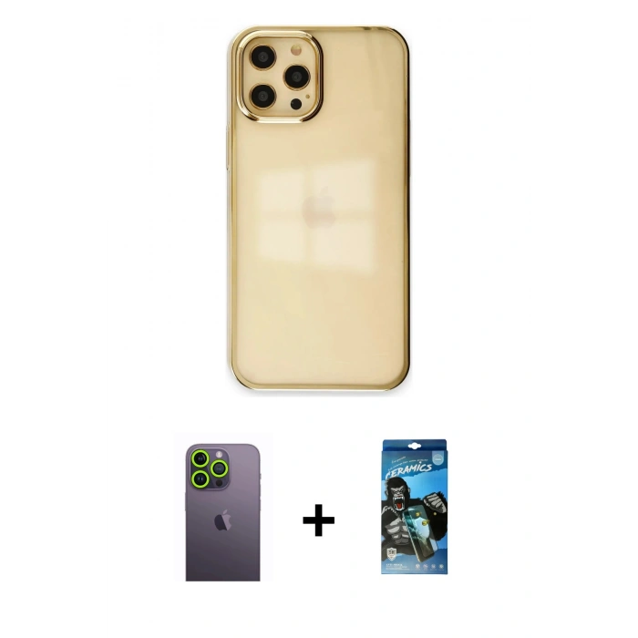 MARSİLYAN™- iPhone 12 Pro Max Kılıf Doruk Doku Prime - Siyah 34D Izgaralı Cam + Neon Fosforlu Kamera Lens - YL