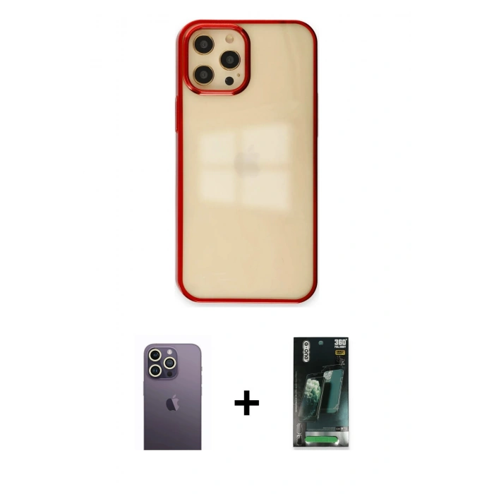 MARSİLYAN™- iPhone 12 Pro Max Kılıf Doruk Doku Prime - Siyah 360 Mat Full Body Arka Koruyucu + Neon Fosforlu Kamera Lens - BZ