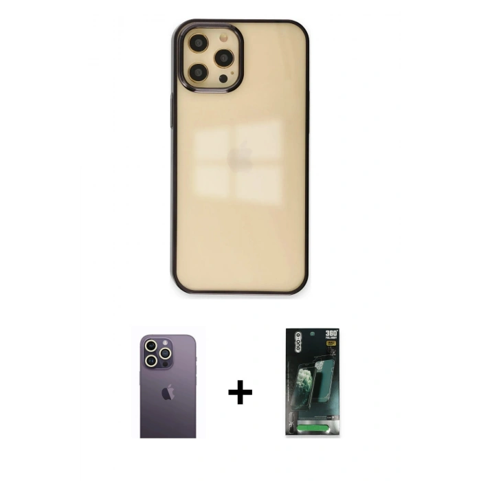 MARSİLYAN™- iPhone 12 Pro Max Kılıf Doruk Doku Prime - Siyah 360 Mat Full Body Arka Koruyucu + Neon Fosforlu Kamera Lens - BZ