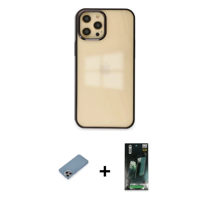 MARSİLYAN™- iPhone 12 Pro Max Kılıf Doruk Doku Prime - Siyah 360 Mat Full Body Arka Koruyucu + Shine Kamera Lens Koruma Cam - GI