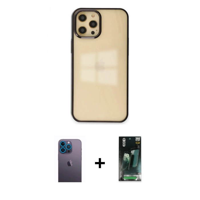 MARSİLYAN™- iPhone 12 Pro Max Kılıf Doruk Doku Prime - Siyah 360 Mat Full Body Arka Koruyucu + Neon Fosforlu Kamera Lens - MI