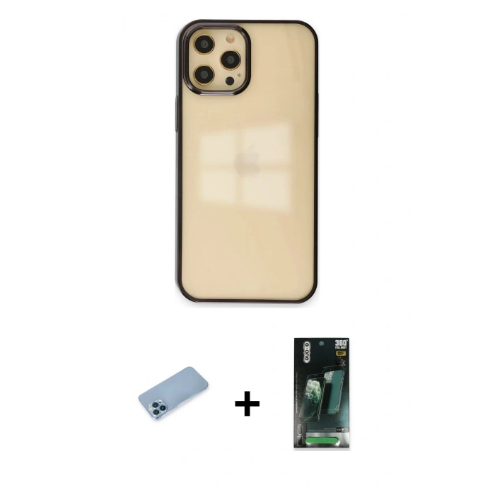 MARSİLYAN™- iPhone 12 Pro Max Kılıf Doruk Doku Prime - Siyah 360 Mat Full Body Arka Koruyucu + Shine Kamera Lens Koruma Cam - MI
