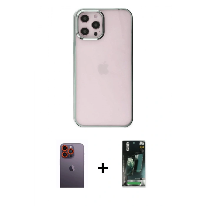 MARSİLYAN™- iPhone 12 Pro Max Kılıf Doruk Doku Prime - Siyah 360 Mat Full Body Arka Koruyucu + Neon Fosforlu Kamera Lens - TU