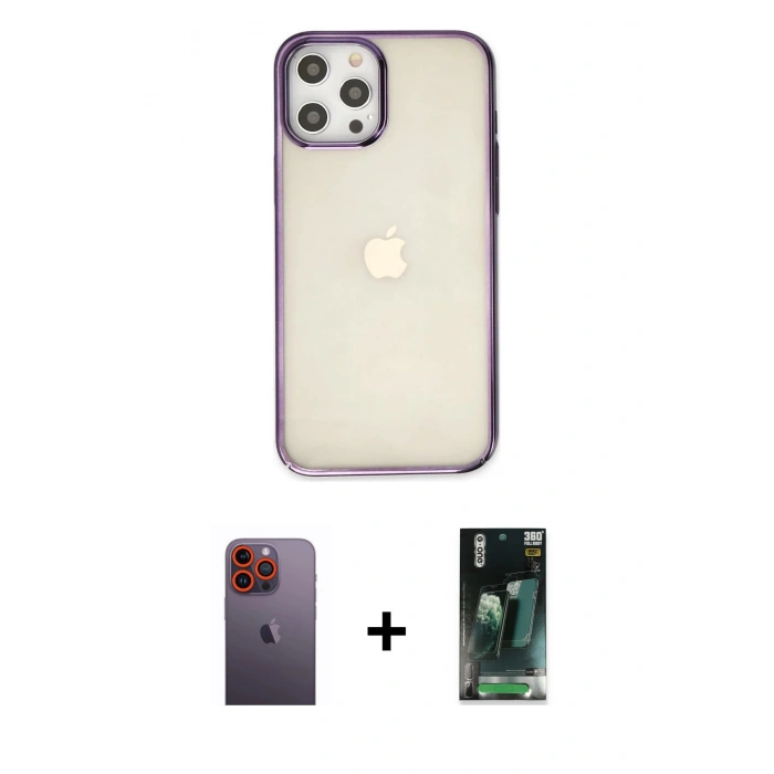 MARSİLYAN™- iPhone 12 Pro Max Kılıf Doruk Doku Prime - Siyah 360 Mat Full Body Arka Koruyucu + Neon Fosforlu Kamera Lens - TU