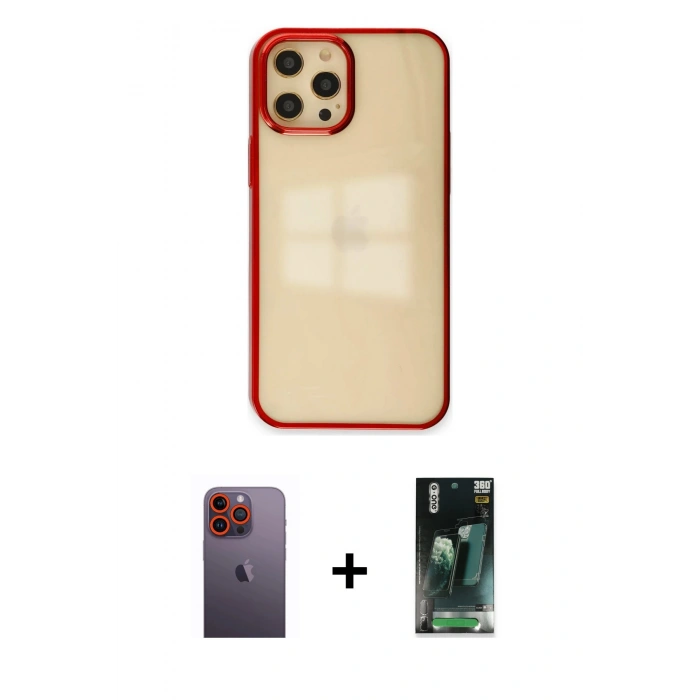 MARSİLYAN™- iPhone 12 Pro Max Kılıf Doruk Doku Prime - Siyah 360 Mat Full Body Arka Koruyucu + Neon Fosforlu Kamera Lens - TU