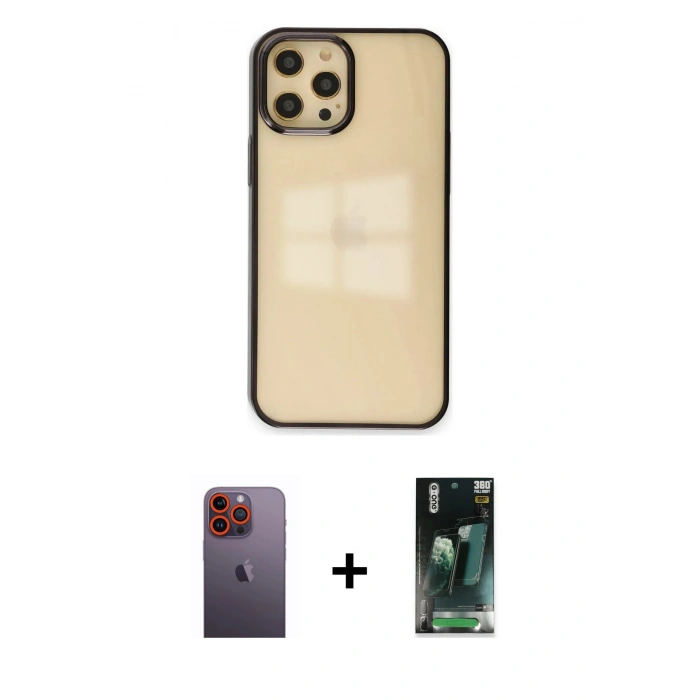 MARSİLYAN™- iPhone 12 Pro Max Kılıf Doruk Doku Prime - Siyah 360 Mat Full Body Arka Koruyucu + Neon Fosforlu Kamera Lens - TU