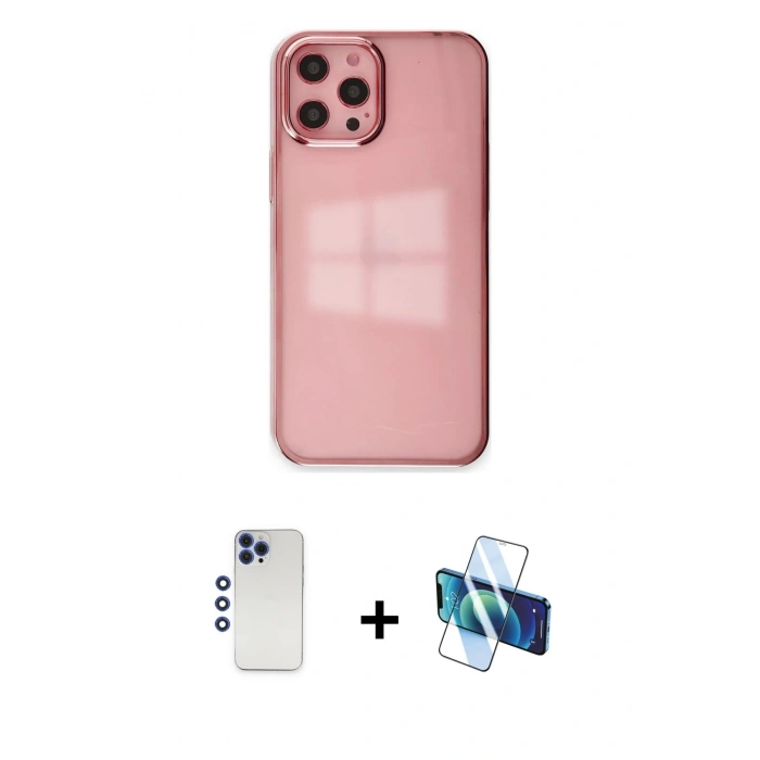 MARSİLYAN™- iPhone 12 Pro Max Kılıf Doruk Doku Prime - Siyah 3D Antistatik Cam Ekran Koruyucu + Shine Kamera Lens - LT