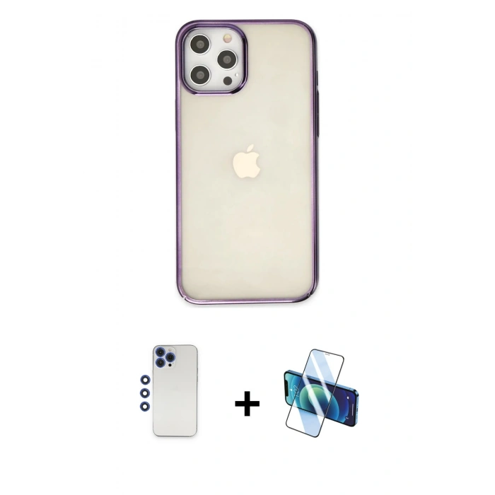 MARSİLYAN™- iPhone 12 Pro Max Kılıf Doruk Doku Prime - Siyah 3D Antistatik Cam Ekran Koruyucu + Shine Kamera Lens - LT