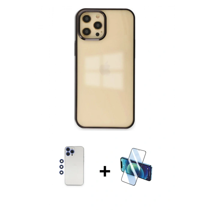MARSİLYAN™- iPhone 12 Pro Max Kılıf Doruk Doku Prime - Siyah 3D Antistatik Cam Ekran Koruyucu + Shine Kamera Lens - LT