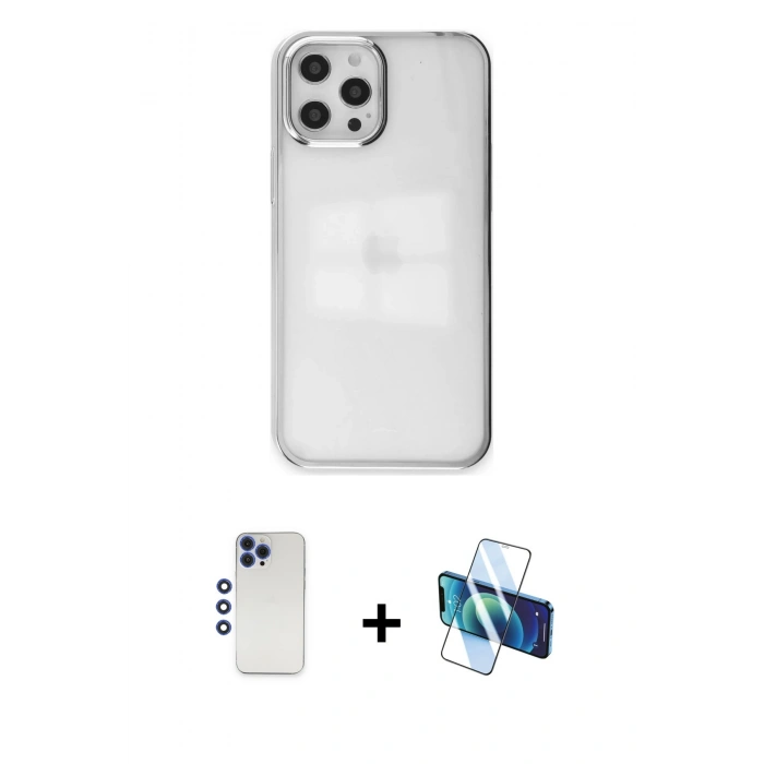 MARSİLYAN™- iPhone 12 Pro Max Kılıf Doruk Doku Prime - Siyah 3D Antistatik Cam Ekran Koruyucu + Shine Kamera Lens - LT