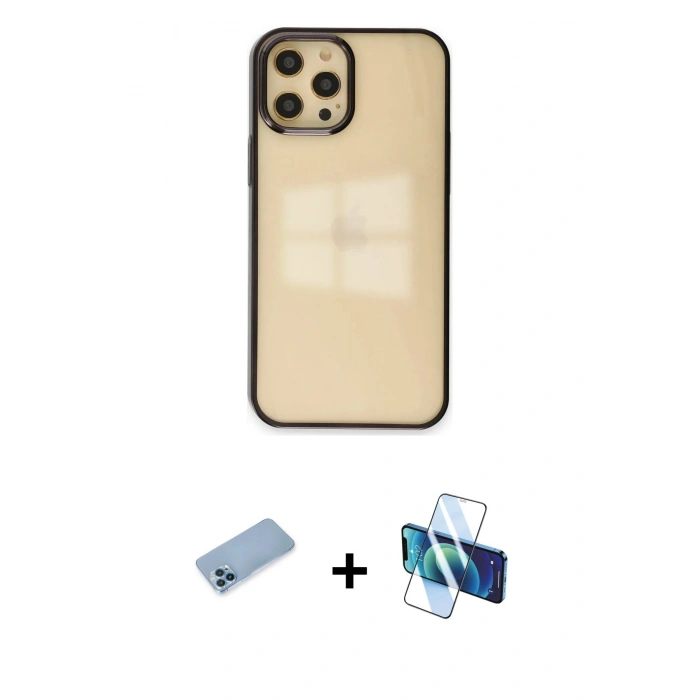 MARSİLYAN™- iPhone 12 Pro Max Kılıf Doruk Doku Prime - Siyah 3D Antistatik Cam Ekran Koruyucu + Shine Kamera Lens Koruma Cam - MI