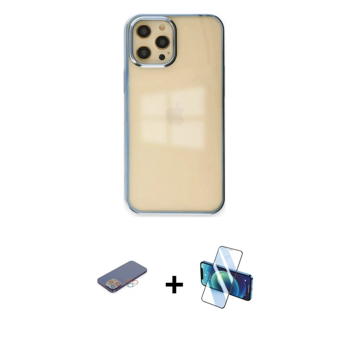 MARSİLYAN™- iPhone 12 Pro Max Kılıf Doruk Doku Prime - Siyah 3D Antistatik Cam Ekran Koruyucu + Renkli Kamera Lens Koruma Cam - PE