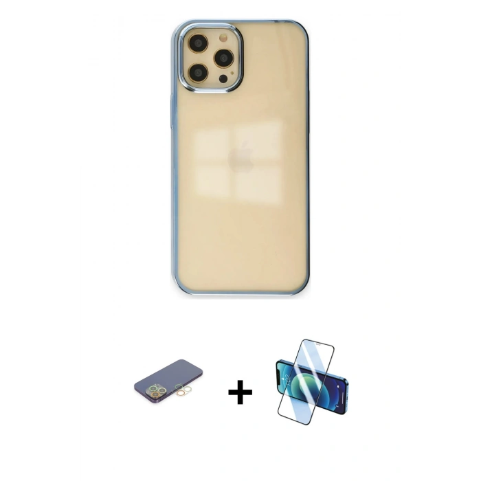 MARSİLYAN™- iPhone 12 Pro Max Kılıf Doruk Doku Prime - Siyah 3D Antistatik Cam Ekran Koruyucu + Renkli Kamera Lens Koruma Cam - SI