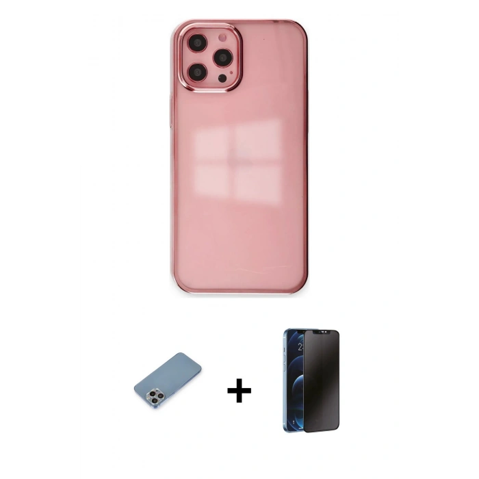 MARSİLYAN™- iPhone 12 Pro Max Kılıf Doruk Doku Prime - Siyah 3D Antistatik Hayalet Cam Ekran Koruyucu + Shine Kamera Lens Koruma Cam - GI